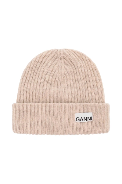 Shop Ganni Logo Beanie Hat In Beige