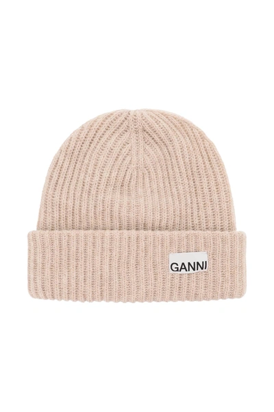 Ganni Logo-patch Ribbed-knit Beanie In Beige