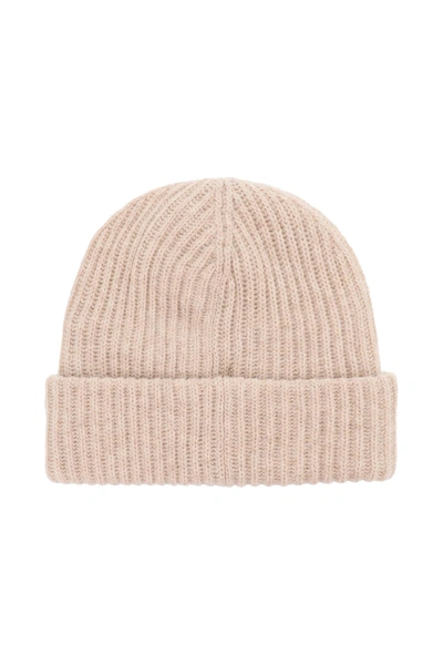 Ganni Logo-patch Ribbed-knit Beanie In Beige
