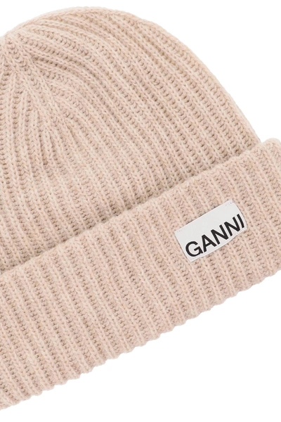 Shop Ganni Logo Beanie Hat In Beige