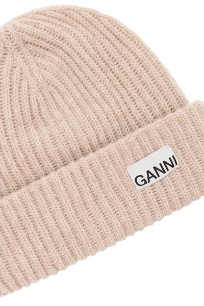 Ganni Logo-patch Ribbed-knit Beanie In Beige
