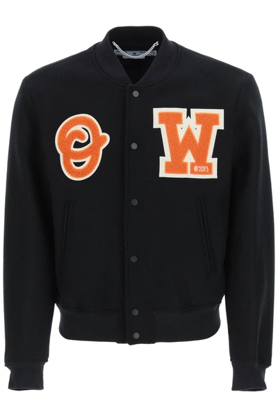 Off-white Black Logo Patch Varsity Jacket In Black,orange