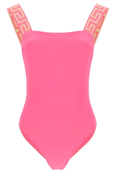 Shop Versace Greca One Piece Swimsuit In Fuchsia