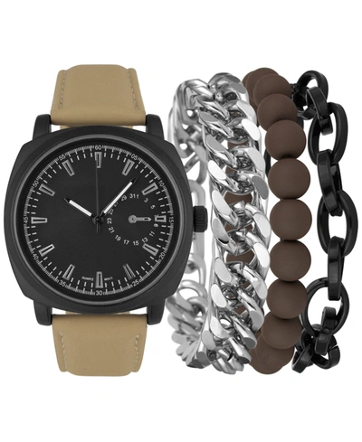 Shop Inc International Concepts Men's Brown Faux-leather Strap Watch 42mm & 3-pc. Bracelet Set, Created For Macy's