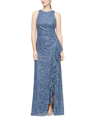 Shop Alex Evenings Lace Side-ruffle Gown In Wedgewood