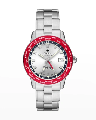 Shop Zodiac Men's Super Sea Wolf World Time Bracelet Watch In Silver