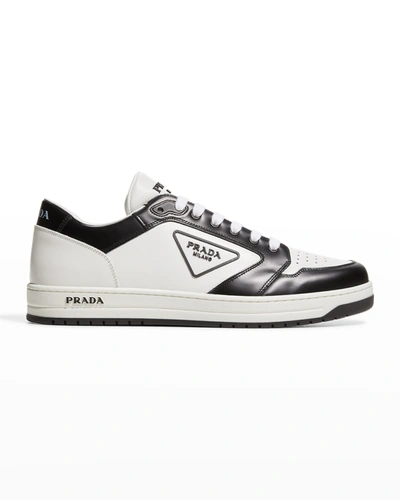 Shop Prada Men's Avenue Bicolor Leather Low-top Sneakers In Bianco Nero