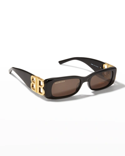 Shop Balenciaga Logo Rectangle Acetate Sunglasses In 001 Shiny Black