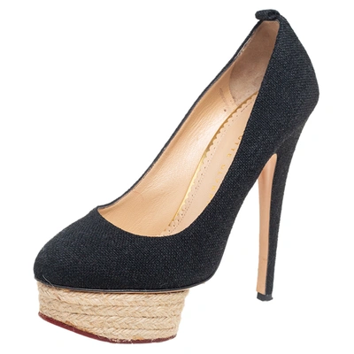 Pre-owned Charlotte Olympia Black Canvas Dolores Espadrille Platform Ankle-strap Pumps Size 37