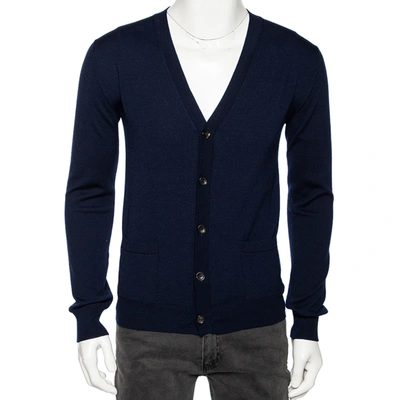 Pre-owned Roberto Cavalli Navy Blue Knit Pocketed Button Front Cardigan M