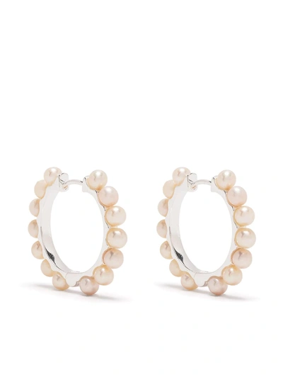 Shop Dower & Hall Large Timeless Pearl Huggie Hoops In White