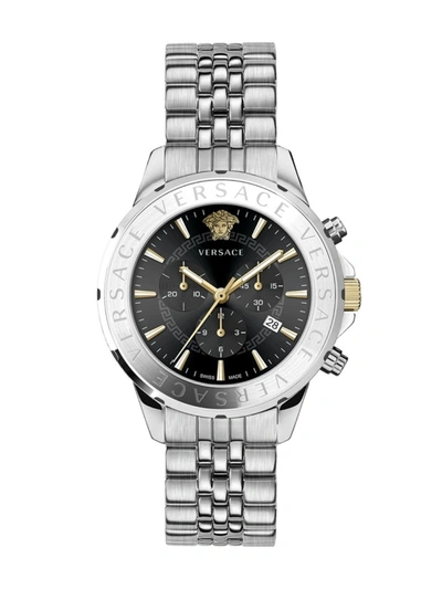Shop Versace Men's Chrono Signature Stainless Steel Bracelet Watch In Black