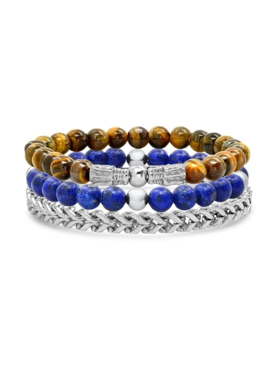 Shop Anthony Jacobs Men's 3-piece Stainless Steel, Blue Lapis & Tiger Eye Beaded Bracelet Set