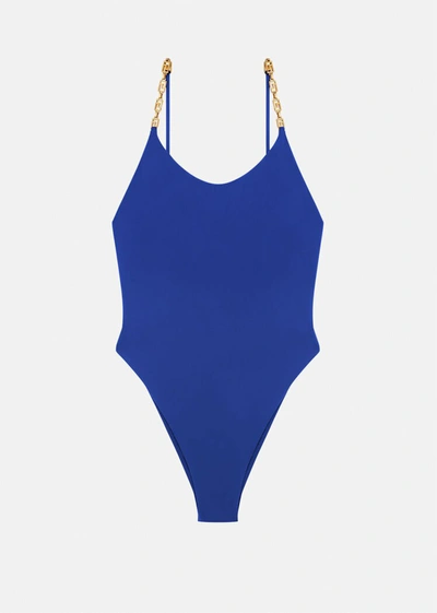 Shop Versace Greca Chain One-piece Swimsuit In Blue