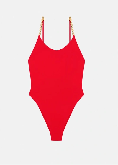 Shop Versace Greca Chain One-piece Swimsuit In Red