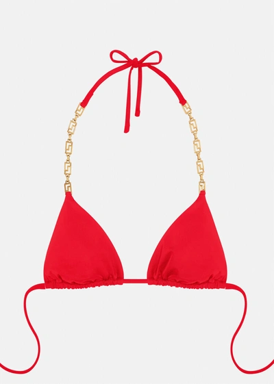 Shop Versace Greca Chain Bikini Top In Red