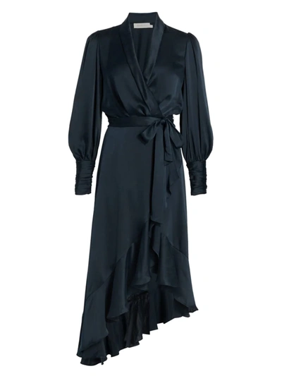 Shop Zimmermann Women's Silk Wrap Midi-dress In Navy