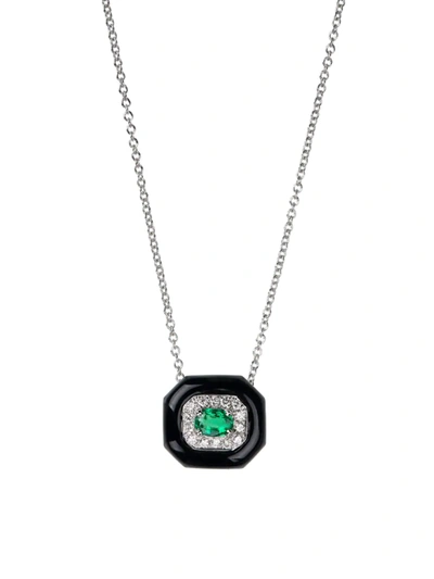 Shop Nikos Koulis Women's Oui 18k White Gold, Pavé Diamond, Emerald & Enamel Pendant Necklace