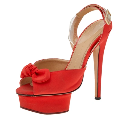 Pre-owned Charlotte Olympia Orange Satin Serena Bow Ankle Strap Platform Sandals Size 35