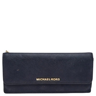 Pre-owned Michael Kors Navy Blue Saffiano Leather Jet Set Travel Flat Wallet