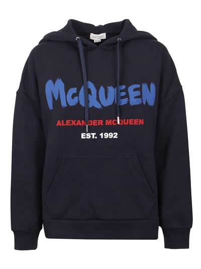 Shop Alexander Mcqueen Graffiti Logo Hoodie In Blue