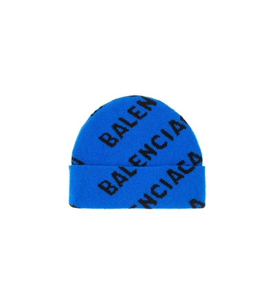Shop Balenciaga Allover Logo Beanie In Blue