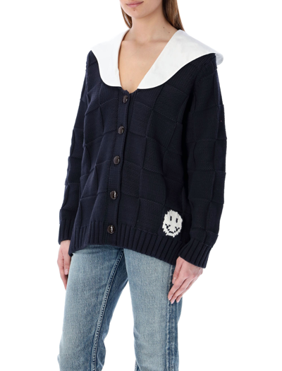 Shop Ganni Smiley Face Intarsia Long Sleeved Cardigan In Navy