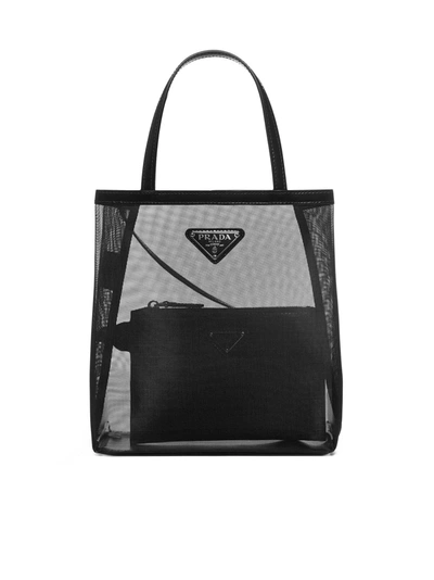 Shop Prada Triangle Logo Mesh Tote Bag In Black