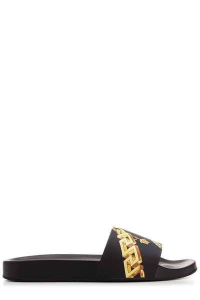 Shop Versace Logo Printed Slide Sandals In Black