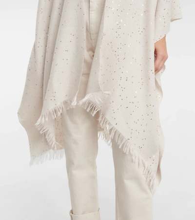Shop Brunello Cucinelli Sequined Cashmere And Silk Poncho In Oyster