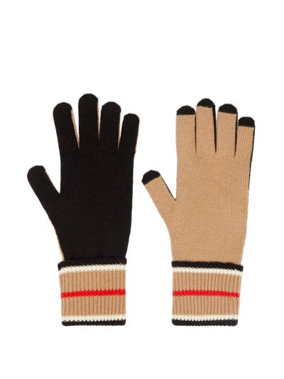 Burberry Womens Black/archve Beige S Icon Stripe Cashmere And Cotton Gloves  S In Black Beige | ModeSens