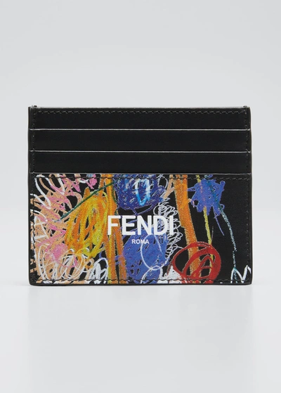 Shop Fendi Men's Artist-print Leather Card Case In Neromlcp