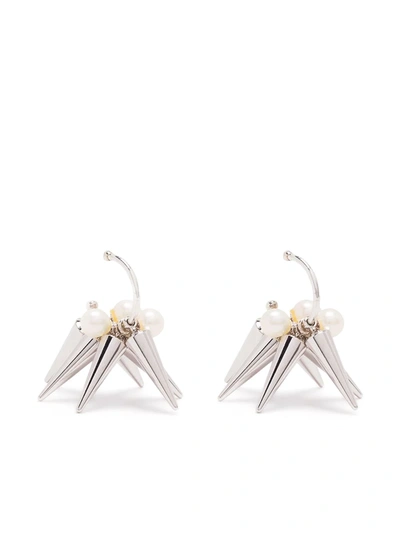 Shop E.m. Spike Pearl Earrings In Silver