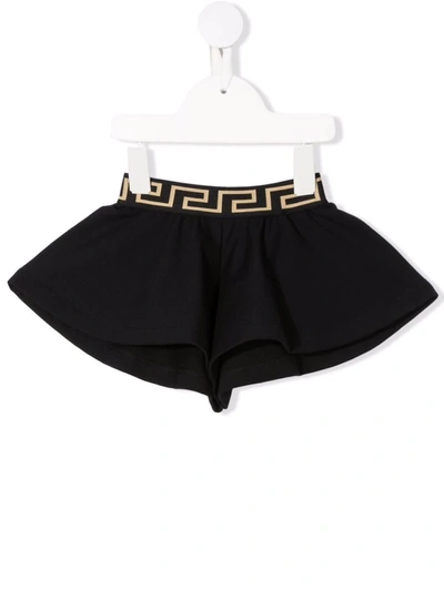 Shop Versace Waistband-logo Flared Shorts In Black