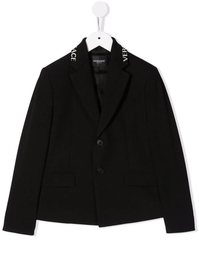 Shop Versace Intarsia Collar Logo Blazer In Black
