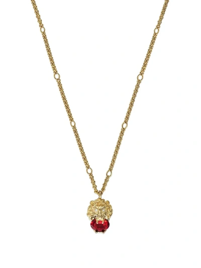 Shop Gucci Lion-head Crystal Necklace In Gold