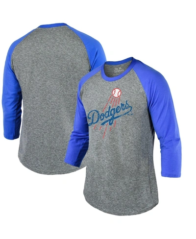 Majestic Men's Heathered Gray, Royal Los Angeles Dodgers Current Logo 3, 4- sleeve Raglan Tri-blend T-shirt In Heathered Gray/royal