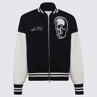 Shop Alexander Mcqueen Navy Blue And White Wool Blend Varsity Jacket In Navy-ivory