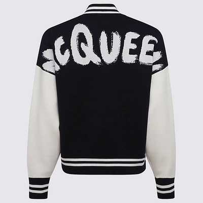 Shop Alexander Mcqueen Navy Blue And White Wool Blend Varsity Jacket In Navy-ivory
