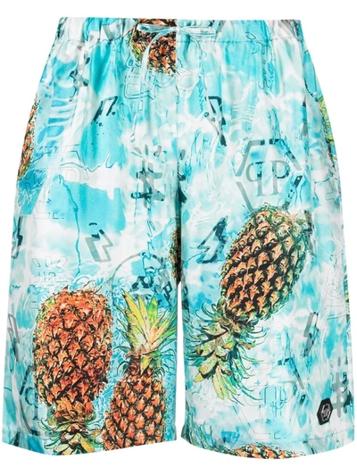 Shop Philipp Plein Pineapple Print Lounge Shorts In Blue