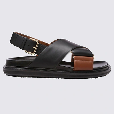 Shop Marni Black And Brown Leather Sandals In Black Brown