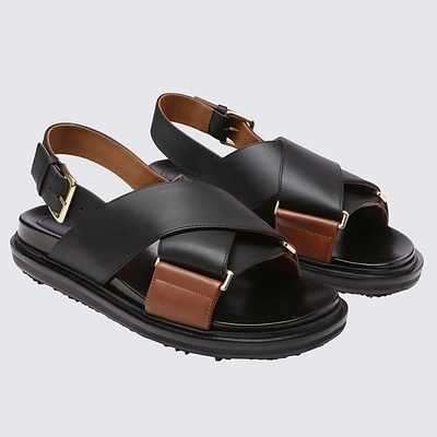 Shop Marni Black And Brown Leather Sandals In Black Brown