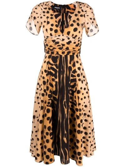 Dsquared2 Graffiti Animal-print Flared Midi Dress In Brown