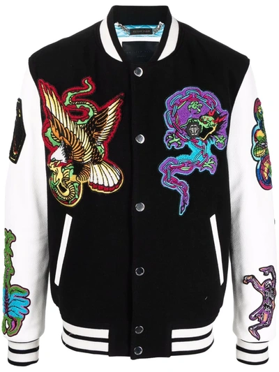 Shop Philipp Plein Tattoo-patches Leather Bomber Jacket In Black