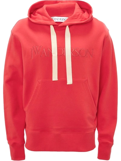 Shop Jw Anderson Logo-embroidered Cotton Hoodie In Red