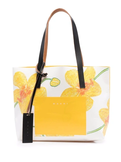 Shop Marni Orchid-print Tote Bag In Weiss