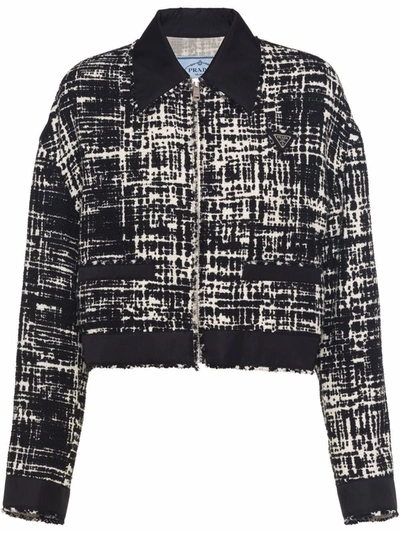 Prada Re-nylon Cropped Tweed Jacket In Schwarz
