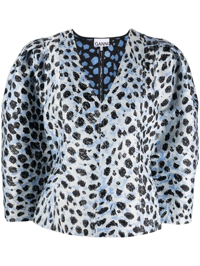 Shop Ganni Leopard-print Puff-sleeve Top In Blau