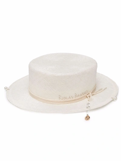 Shop Ruslan Baginskiy Piercing Embellished Boater Straw Hat In Nude