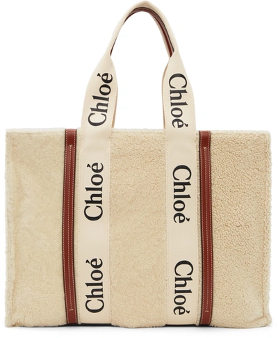 Shop Chloé Off-white Large Woody Tote In 6j1 Mild Beige